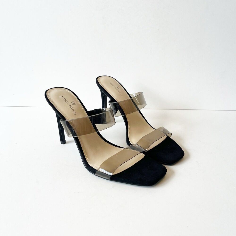 Worthington Laria Clear Strap Open Toe Heeled Sandals Black Women's Size 7/7.5